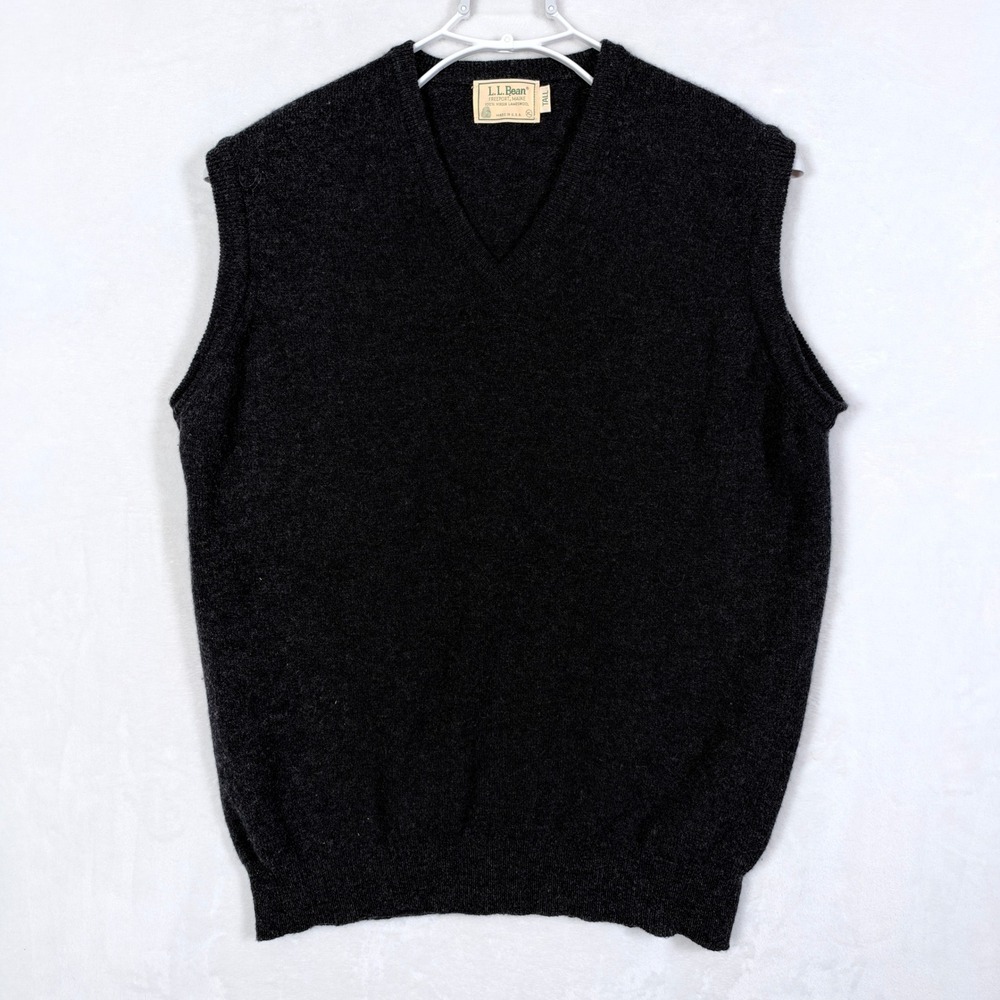 LL Bean Mens XL Black 100% Lambswool V-Neck Sweater Vest USA Made